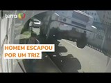 Homem escapa por um triz de ser imprensado por caminhão no Ceará