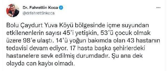 Bakan Koca, Bolu'da içme suyundan etkilenenlerin sayısının 98'e ulaştığını duyurdu