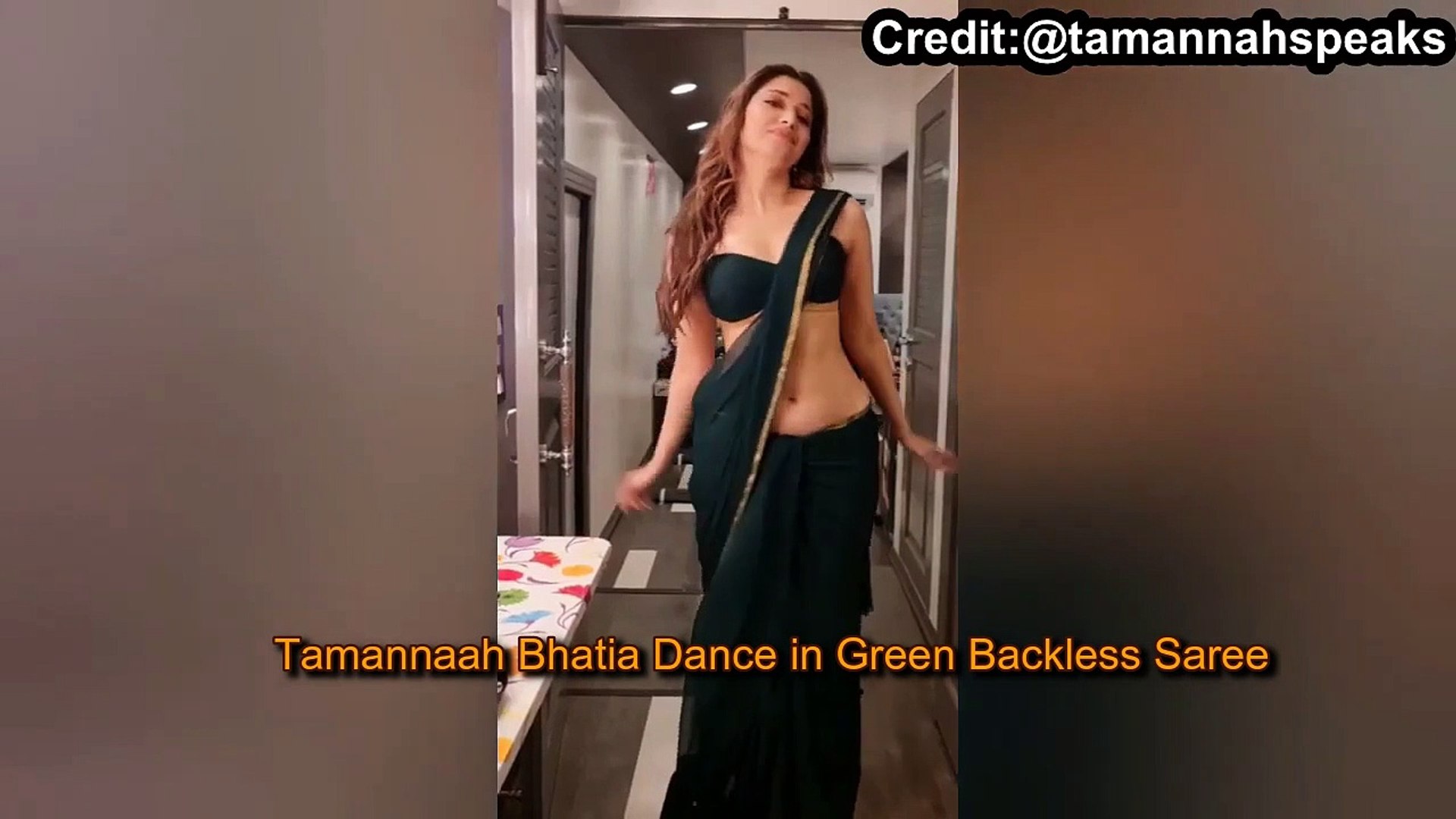 South Actress Tamannaah Bhatia Dance in Green Backless Saree, image size:1920x1080