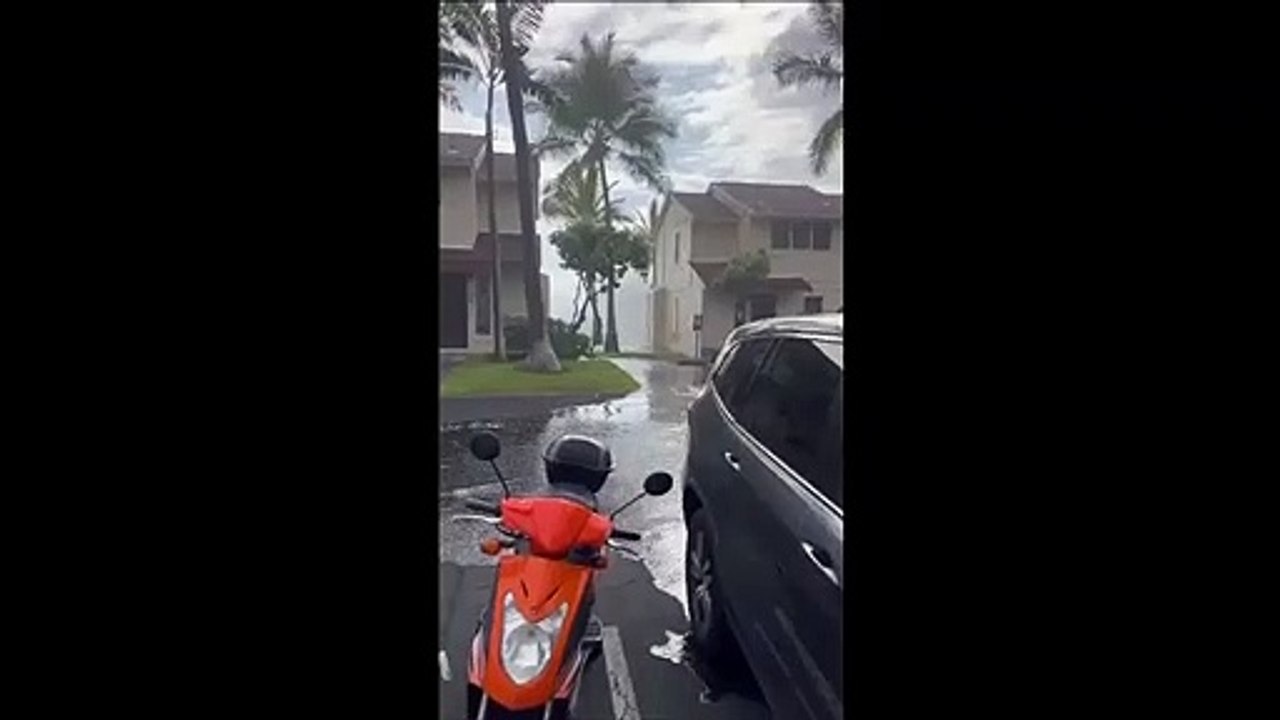 Des vagues géantes passent au dessus des immeubles en bord de plage
