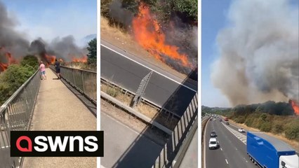 Shocking videos show a huge fire raging alongside the A2 motorway in Dartford, UK