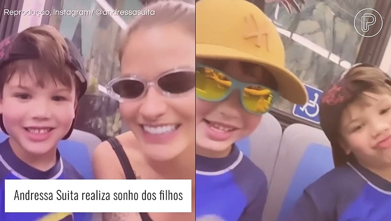Andressa Suita realiza desejo dos filhos de andar de ônibus: 'Feliz'