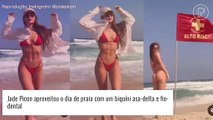 Jade Picon exibe barriga trincada em biquíni fio-dental e asa-delta em dia de praia. Vídeo!