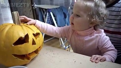 Cute Baby Meeting to Halloween Pumpkin for the first time