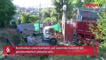 Sarıyer'de kamyon dehşeti! Gecekondunun üzerine uçtu