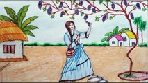 a girl taking black grapes from tree drawing scenery/girl taking fruits drawing scenery step by step