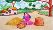 how to draw village working woman scenery step by step||village landscape woman work scenery drawing
