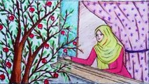 beautiful hijab girl drawing scenery ||beautiful hijab girl taking fruit from window drawing scenery