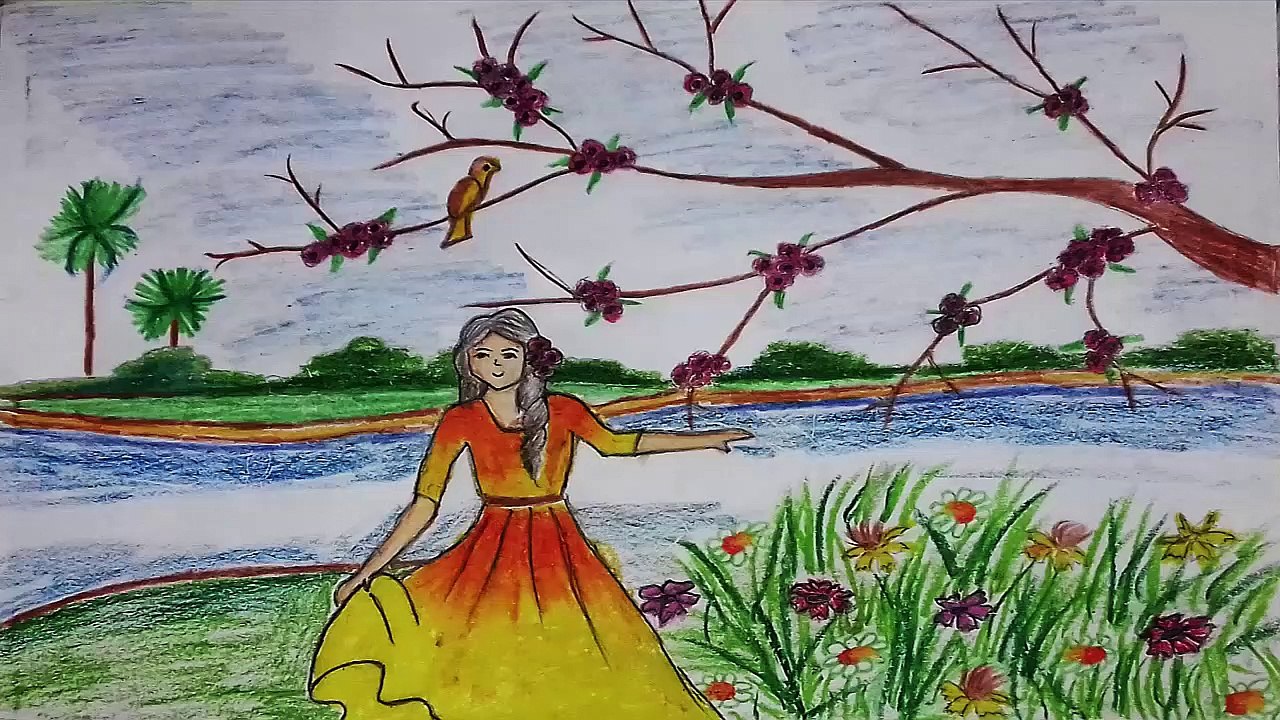 how to draw scenery of beautiful girl play in garden step by step ||A girl play in riverside village