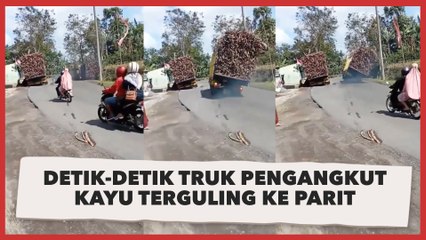 Detik-detik Truk Pengangkut Kayu Kelebihan Muatan Terguling ke Parit, Warganet: Rakus