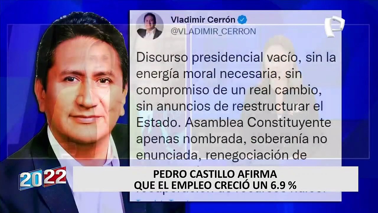 Vladimir Cerrón critica mensaje a la Nación de Pedro Castillo: Fue un discurso vacío