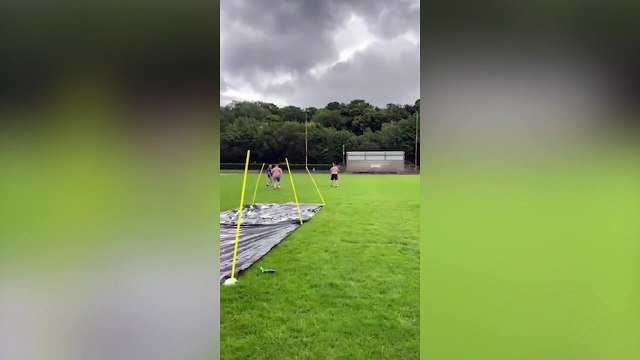 Rugby player taking part in beer slide challenge had an epic fail and crashed - sending all the pints flying