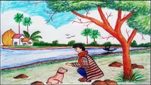 how to draw a boy and dog cute scenery step by step || beautiful village landscape drawing as simple