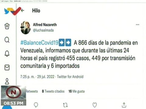 COVID-19 | Venezuela registró 449 casos comunitarios, 6 importados y 524.411 pacientes recuperados