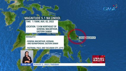 Magnitude 5.1 na lindol, yumanig sa General MacArthur, Eastern Samar | UB
