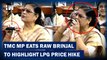 TMC MP Eats Raw Brinjal To HIghlight The LPG Price Hike Issue| Kakoli Ghosh Dastidar| Inflation| BJP