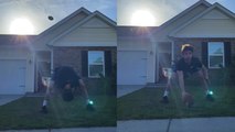 'Man perfectly catches a ball thrown over the house by his friend'