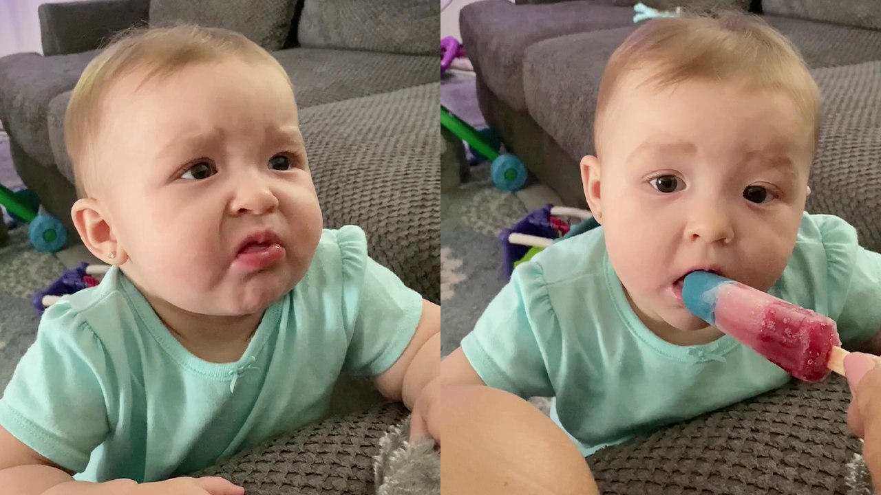 '7-month-old baby has mixed feelings after tasting lemon popsicle for the first time'