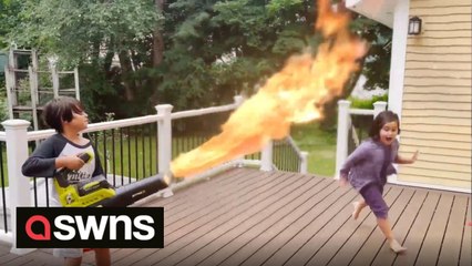 Canadian dad builds 'flame thrower' toy for kids out of leaf blower and coloured fabric