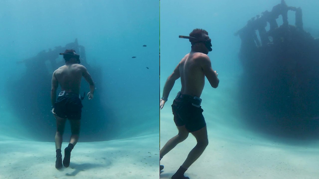 A man comes across a mysterious ship while walking in the depths of the ocean