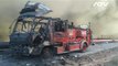 Carro de bomberos calcinado tras explosión de Base supertanqueros en Matanzas