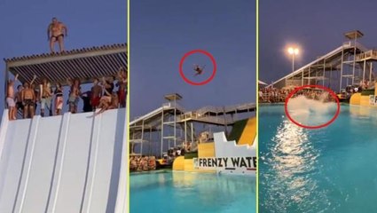 Çatının üzerinden su kaydırağına atlayan adam havaya fırlayıp havuza çakıldı