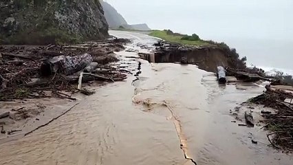 California Storm Highway 1 in Big Sur Falls Into the Ocean
