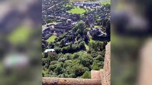 Freeeeedom! Thrill-seekers dressed in kilts base jump from the top of the William Wallace Monument in Stirling