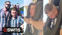 Festivalgoer passes out on a theme park ride beside his giggling rollercoaster-mad pal