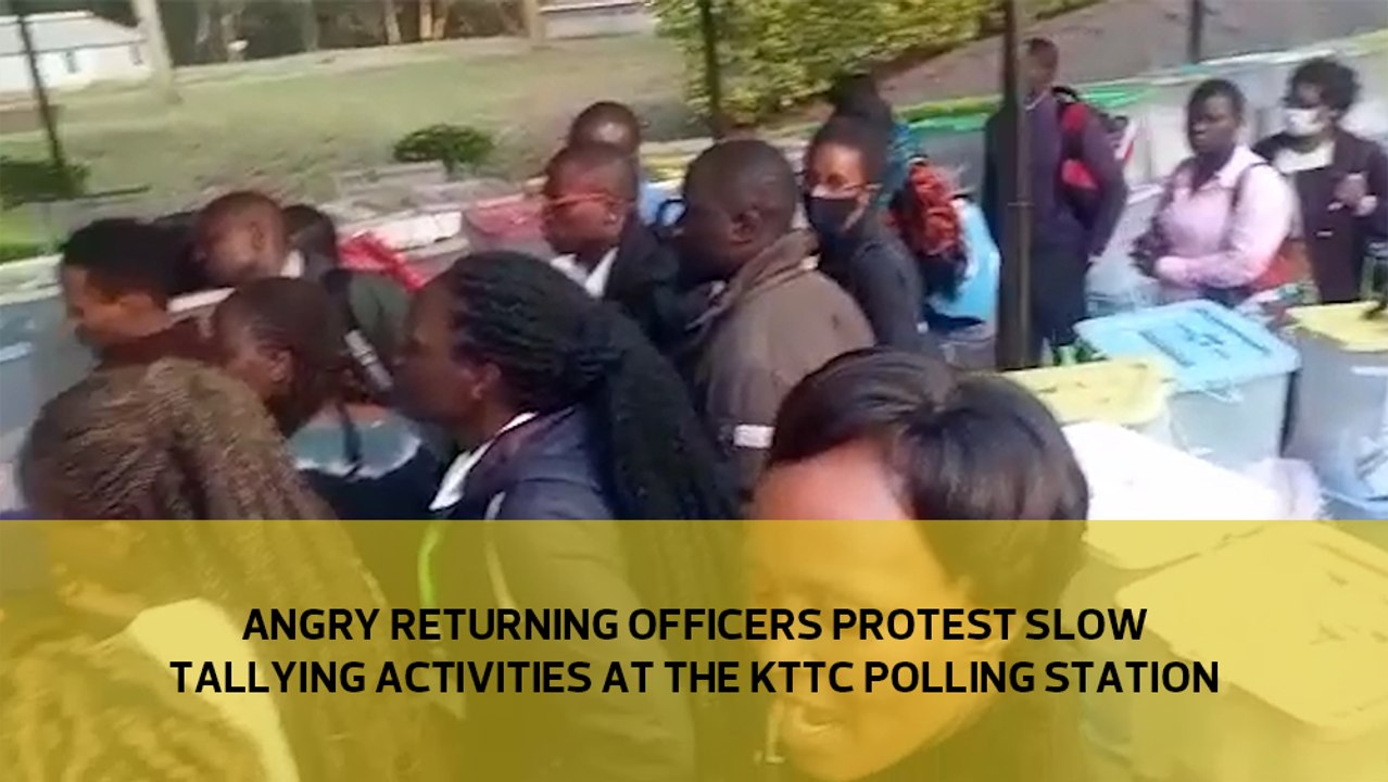 Angry returning officers protest slow tallying activities at the KTTC polling station