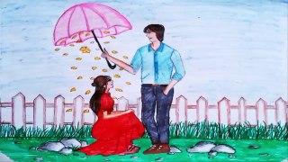 how to draw romantic couple with umbrella drawing scenery || couple scenery drawing step by step