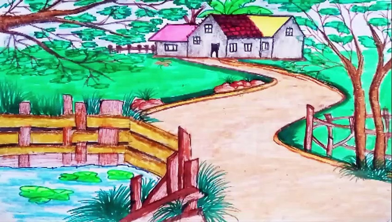 how to draw beautiful landscape village drawing scenery || landscape village drawing step by step