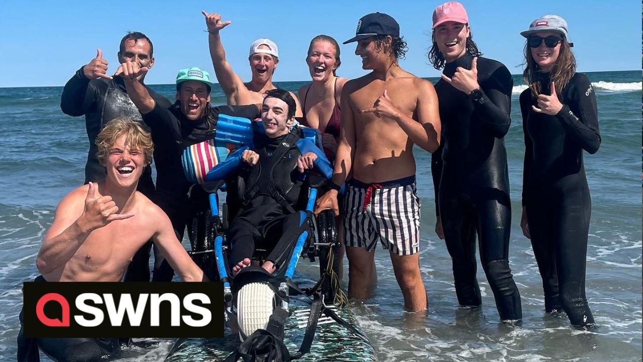 Teen with cerebral palsy learns to surf after friends strap his wheelchair to paddleboard