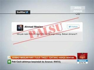Ahmad Maslan nafi tulis tweet tentang harga minyak