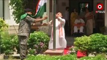 BJP national president JP Nadda and his wife hoist national flag at their residence in Delhi