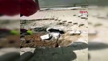 Kanalizasyon borusuna sıkışan köpeğin kurtarılma anı kamerada