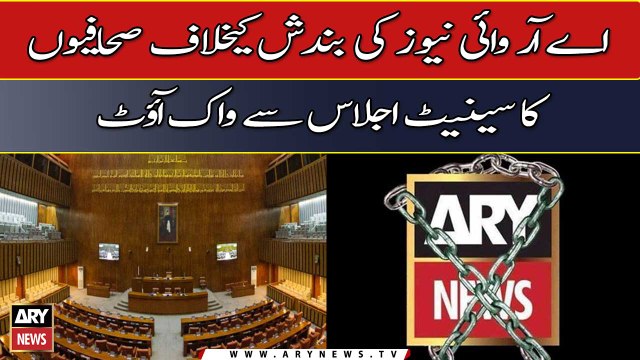 Journalists walk out of the Senate meeting against the closure of ARY News