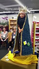 Mulher usa mais de 5kg de macarrão para manto de Nossa Senhora em SC