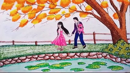 romantic couple and beautiful nature drawing scenery || romantic nature scenery drawing step by step