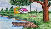 how to draw a village nature scenery step by step || landscape beautiful scenery drawing