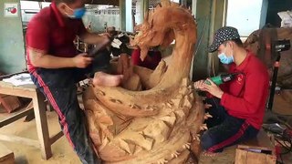 Wood carving - Lord Warrior fighting Dragon - Multiplatform MMORPG Gran Saga Huge Sculpture Amazing