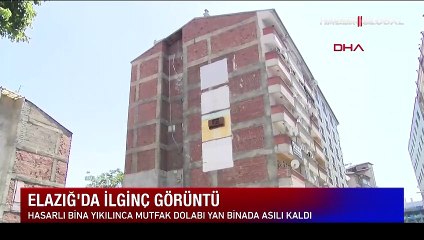 Şaşırtan görüntü: Hasarlı bina yıkılınca, yan binadaki mutfak dolabı havada asılı kaldı