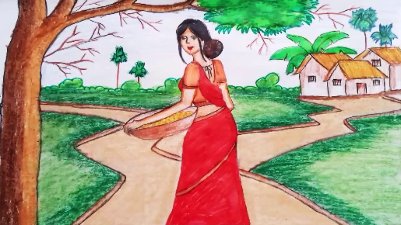 village beautiful nature with village women drawing scenery /beautiful landscape nature view drawing