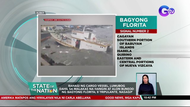 Bahagi ng cargo vessel, lumubog dahil sa malakas na hangin at alon bunsod ng Bagyong Florita; 8 tripulante, nasagip | SONA