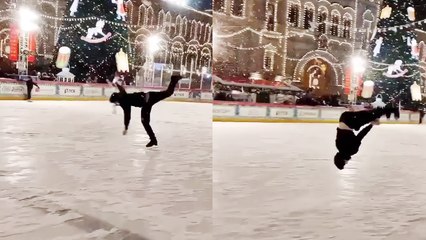 'Man performs insane double backflip while skating on an ice-covered street in Moscow '