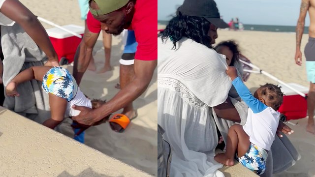 'Curious & fearless toddler almost gets his face shoved into beach sand'