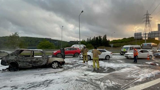 TEM Otoyolunda kaza yapan otomobil yandı