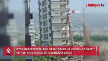İzmir'de yıkımı yapılan ağır hasarlı bina gürültüyle çöktü