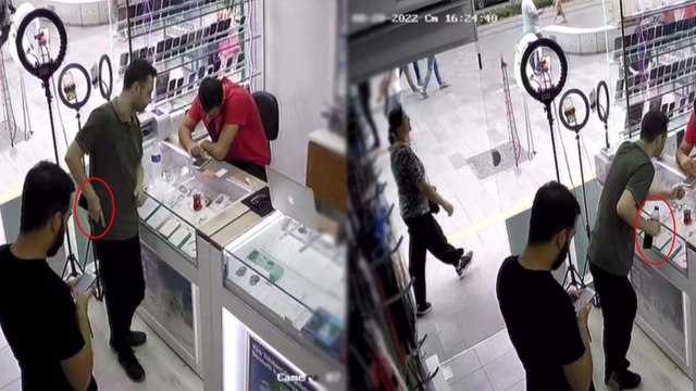 Telefon tamiri bahanesiyle girdiği dükkandan telefon çaldı, bir de ısmarlanan çayı içti