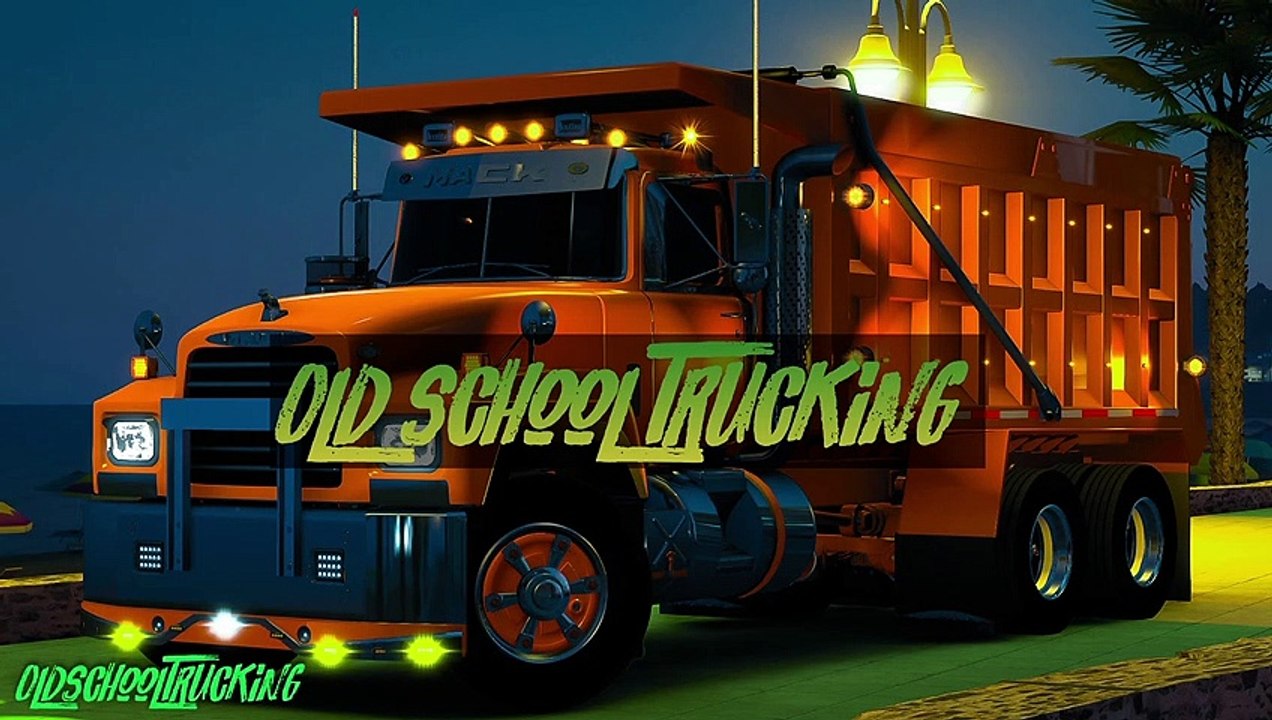 Mack Granite Dump Truck pulling heavy cargo flatbed, climbing very high in night ride - American Truck Simulator